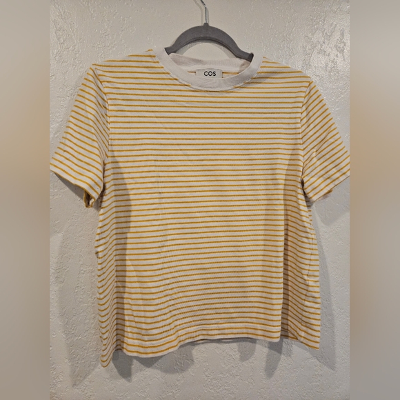 COS Tops - COS Striped Yellow White 100% Cotton Crew Neck Short Sleeve Women's Size L